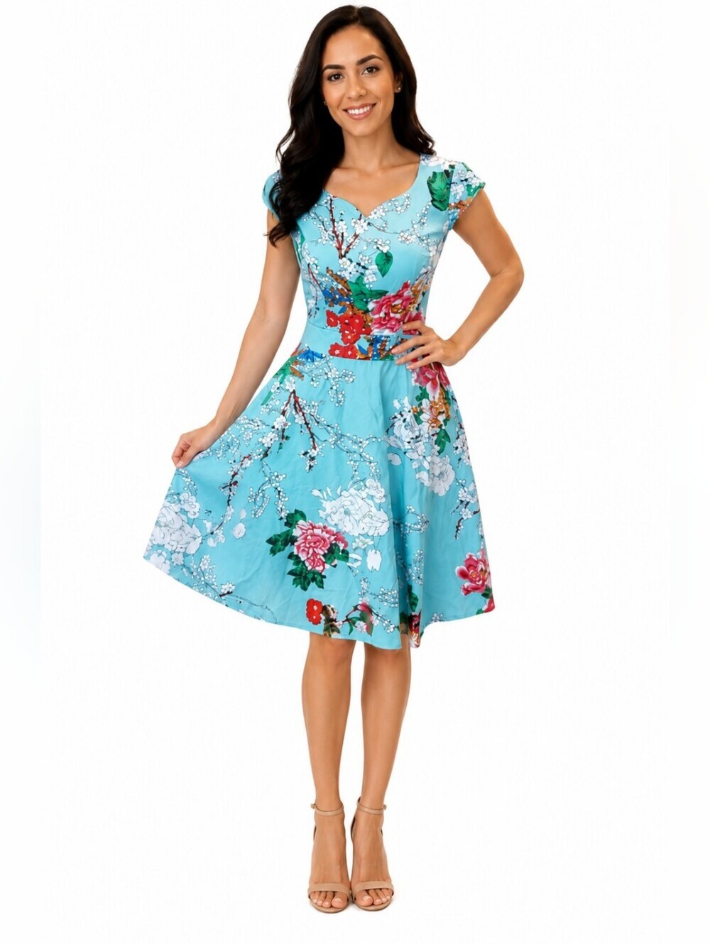 Kingfancy Aqua Floral Fit-and-Flare Dress Short Sleeve Women's Size Small